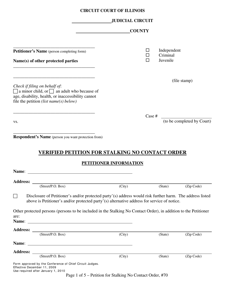 Form 70 Verified Petition for Stalking No Contact Order - Illinois, Page 1