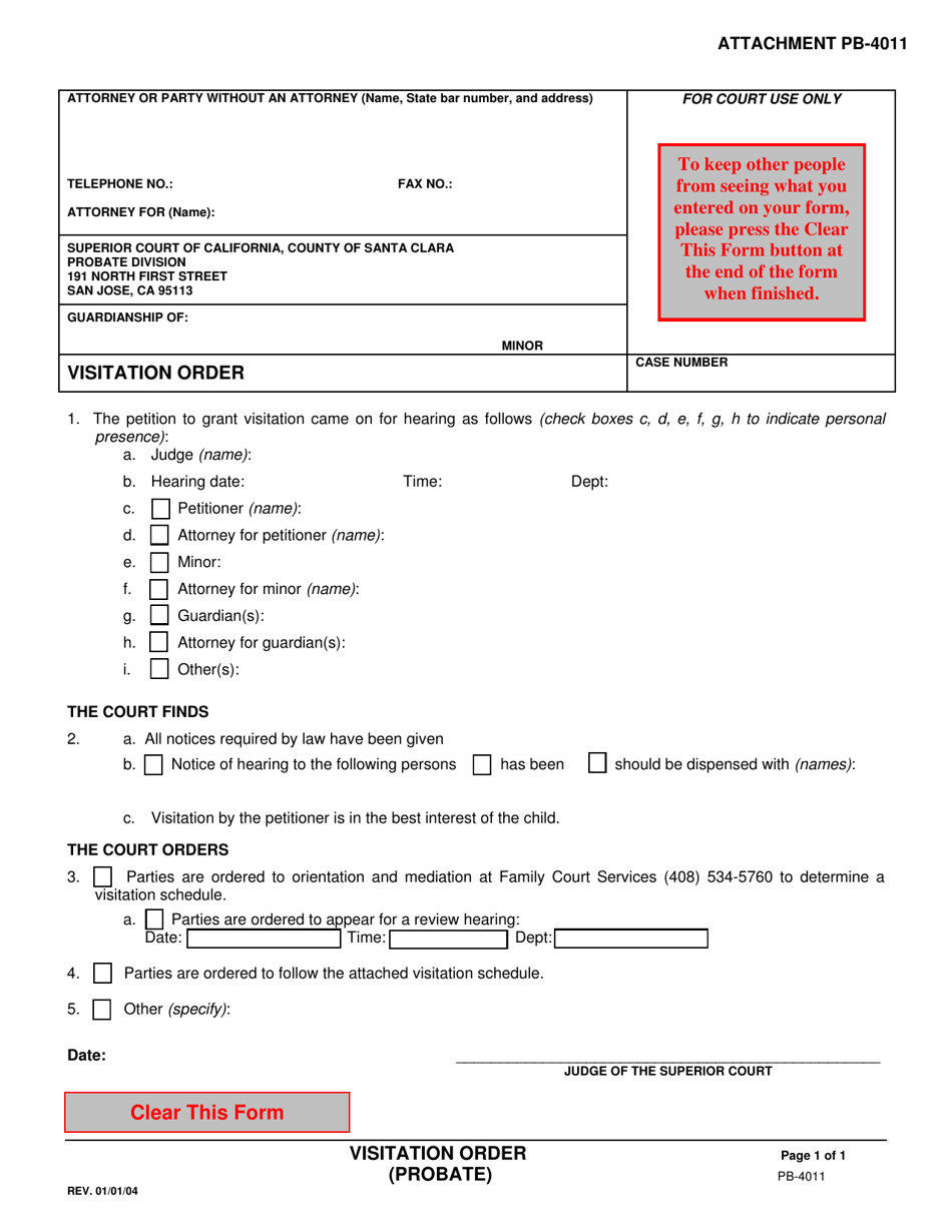 Attachment PB-4011 Visitation Order - Santa Clara County, California, Page 1