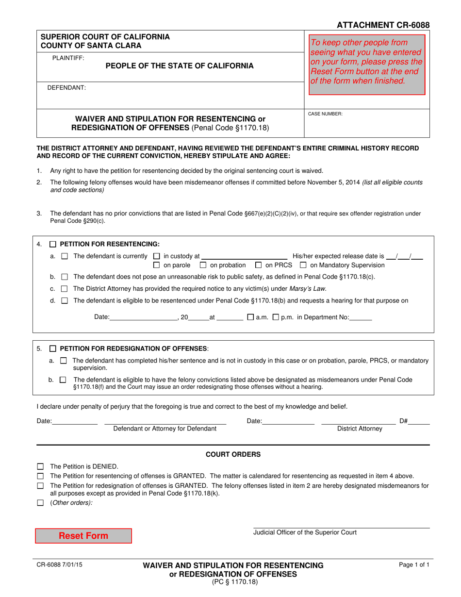Attachment CR-6088 Waiver and Stipulation for Resentencing or Redesignation of Offenses - Santa Clara County, California, Page 1