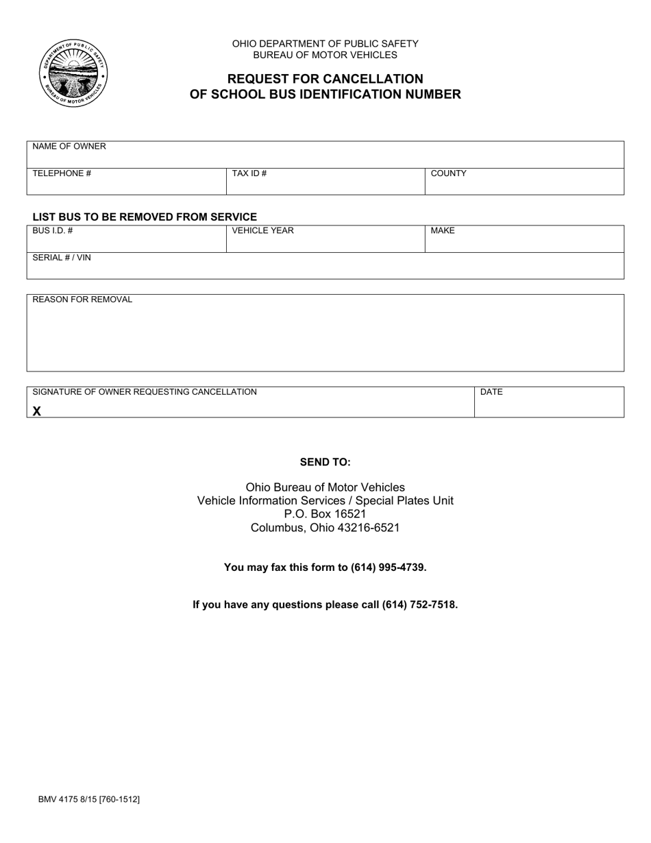 Form BMV4175 Request for Cancellation of School Bus Identification Number - Ohio, Page 1