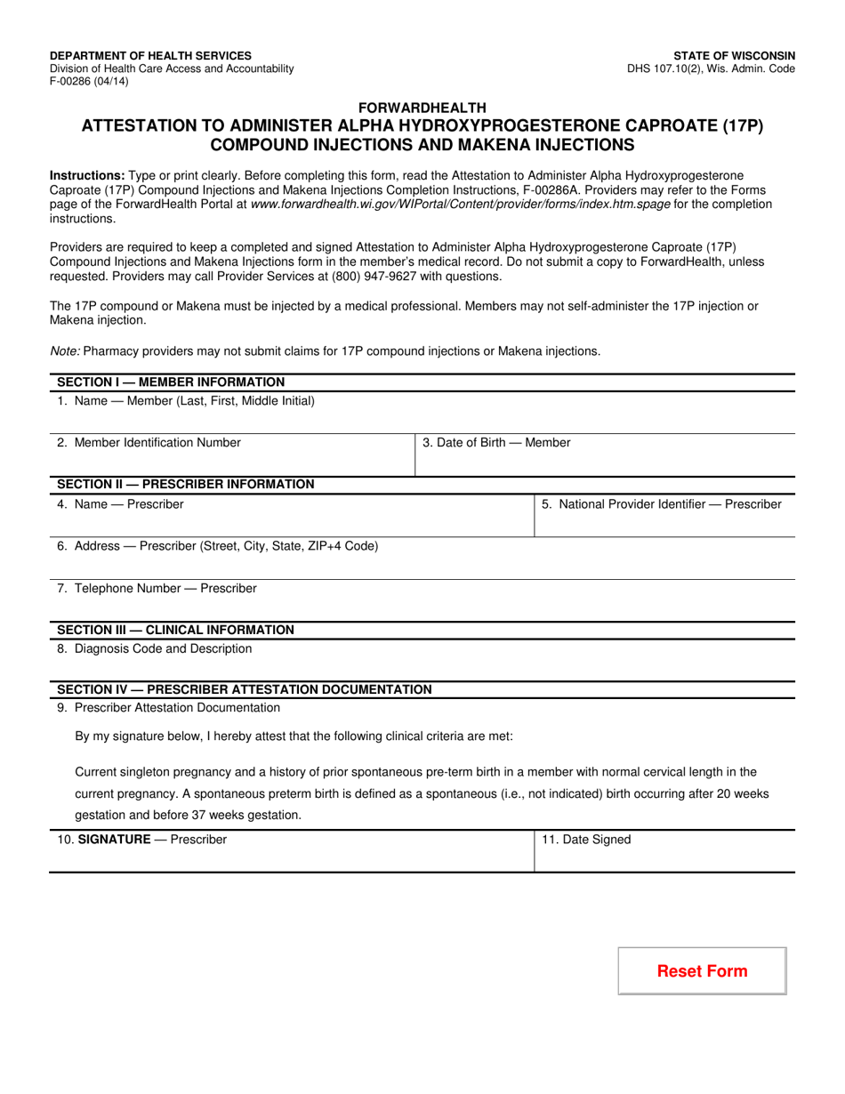 Form F-00286 Attestation to Administer Alpha Hydroxyprogesterone Caproate (17p) Compound Injections and Makena Injections - Wisconsin, Page 1