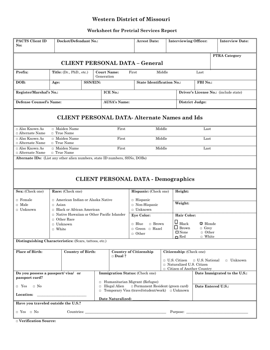 Worksheet for Pretrial Services Report - Missouri, Page 1