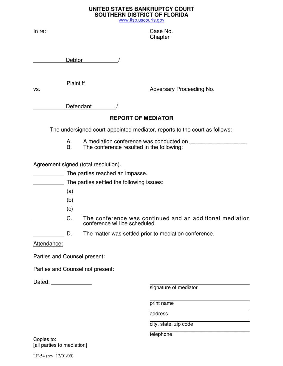 Form LF-54 Report of Mediator - Florida, Page 1