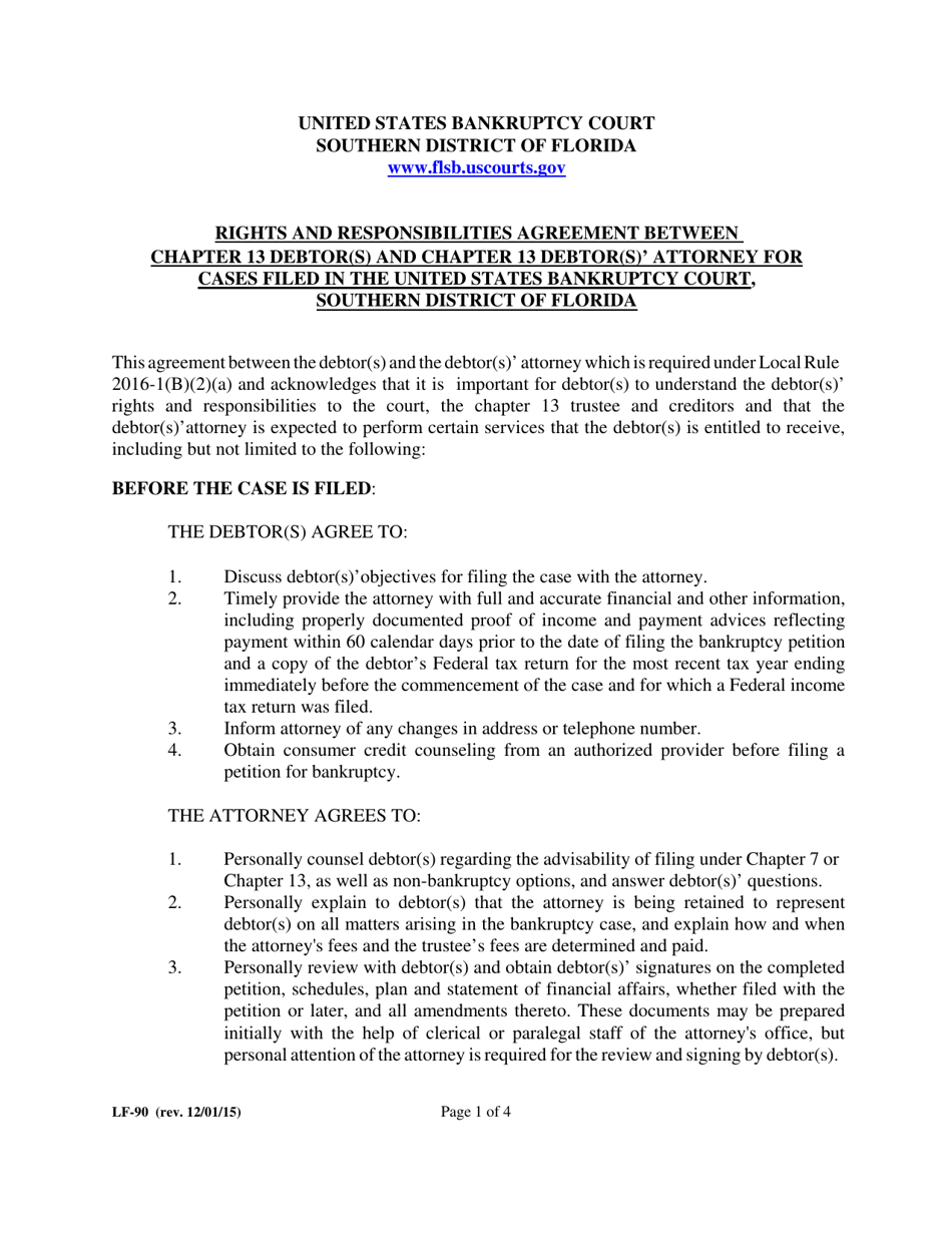 Form LF-90 Rights and Responsibilities Agreement Between Chapter 13 Debtor(S) and Chapter 13 Debtor(S) Attorney for Cases Filed in the United States Bankruptcy Court, Southern District of Florida - Florida, Page 1