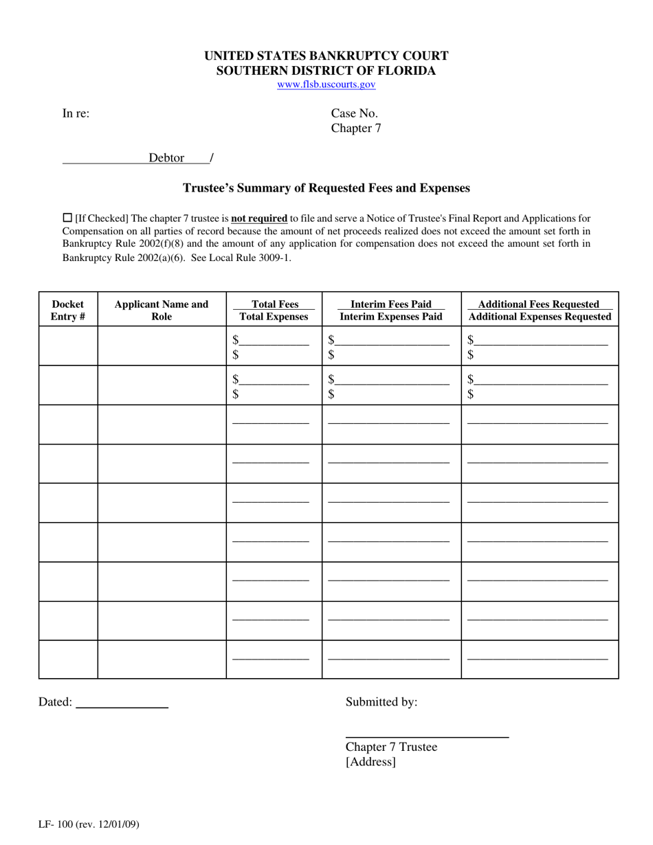 Form LF-100 Trustees Summary of Requested Fees and Expenses - Florida, Page 1