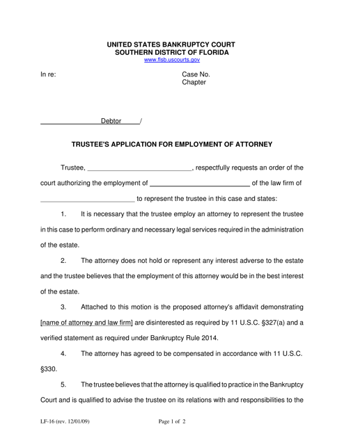 Form LF-16 Trustee's Application for Employment of Attorney - Florida