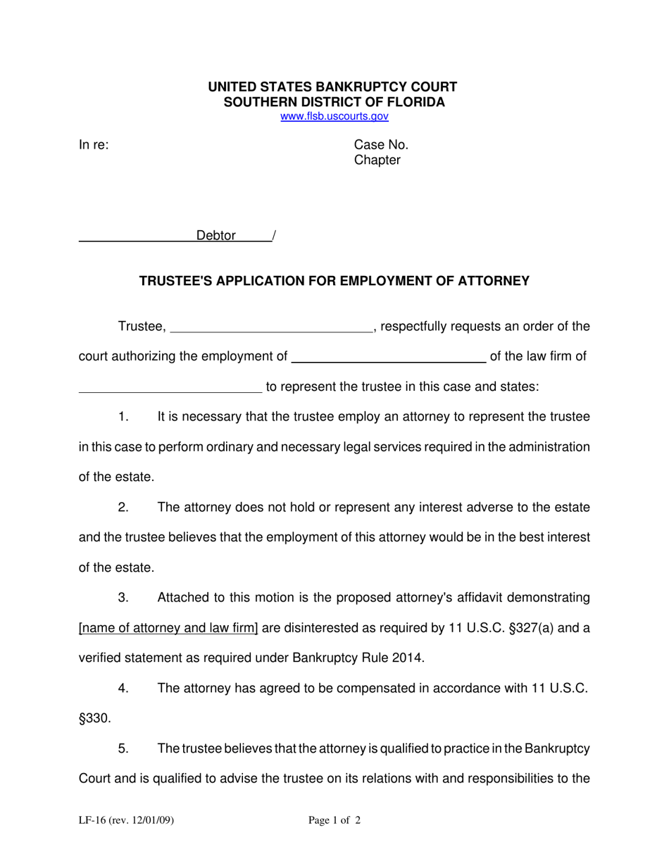 Form LF-16 Trustees Application for Employment of Attorney - Florida, Page 1