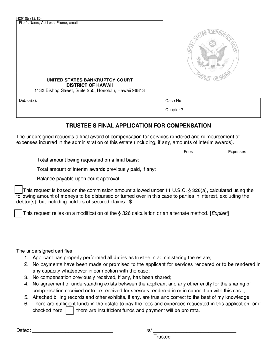 Form H2016TR Trustees Final Application for Compensation - Hawaii, Page 1