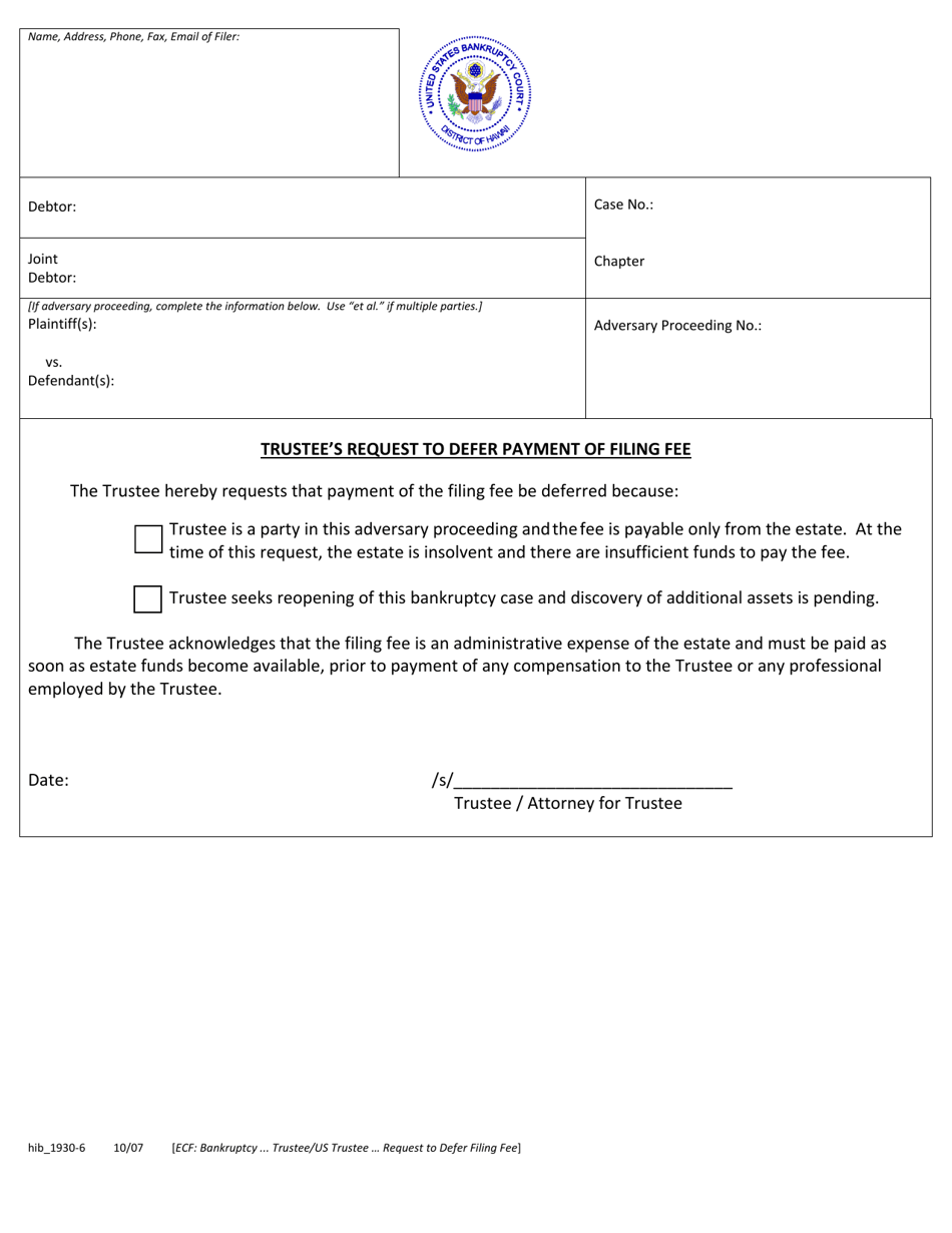 Form H1930-6 Trustees Request to Defer Payment of Filing Fee - Hawaii, Page 1