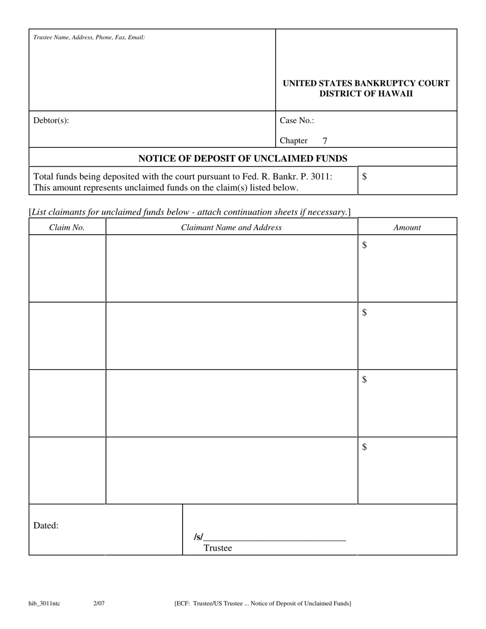 Form H3011NTC Notice of Deposit of Unclaimed Funds - Hawaii, Page 1