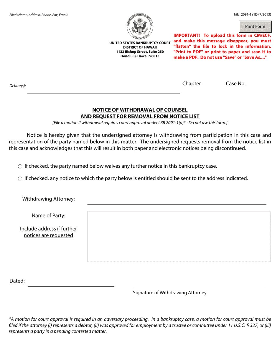 Form hib_2091-1A1D Notice of Withdrawal of Counsel and Request for Removal From Notice List - Hawaii, Page 1