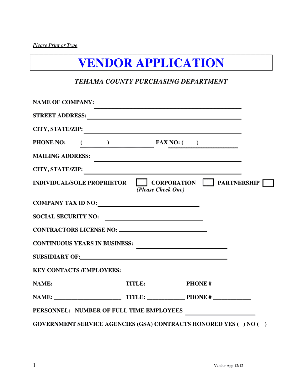 Vendor Application - Tehama County, California, Page 1