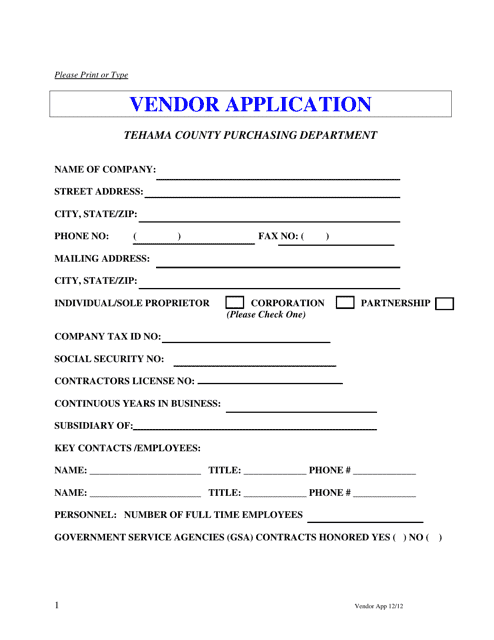 Vendor Application - Tehama County, California