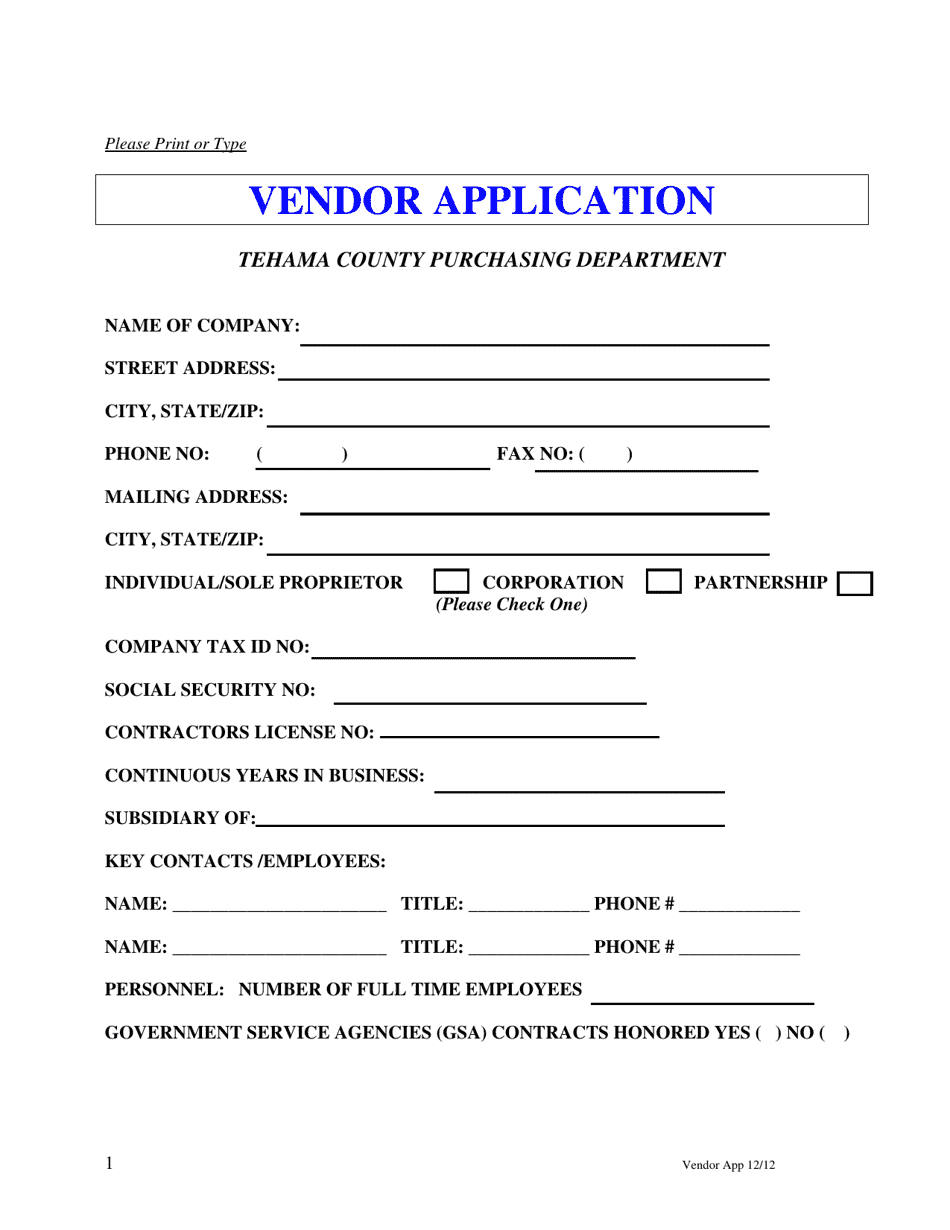 Tehama County, California Vendor Application Fill Out, Sign Online