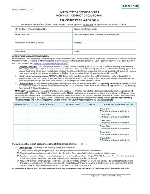 Form CAND TDOF Transcript Designation Form - California