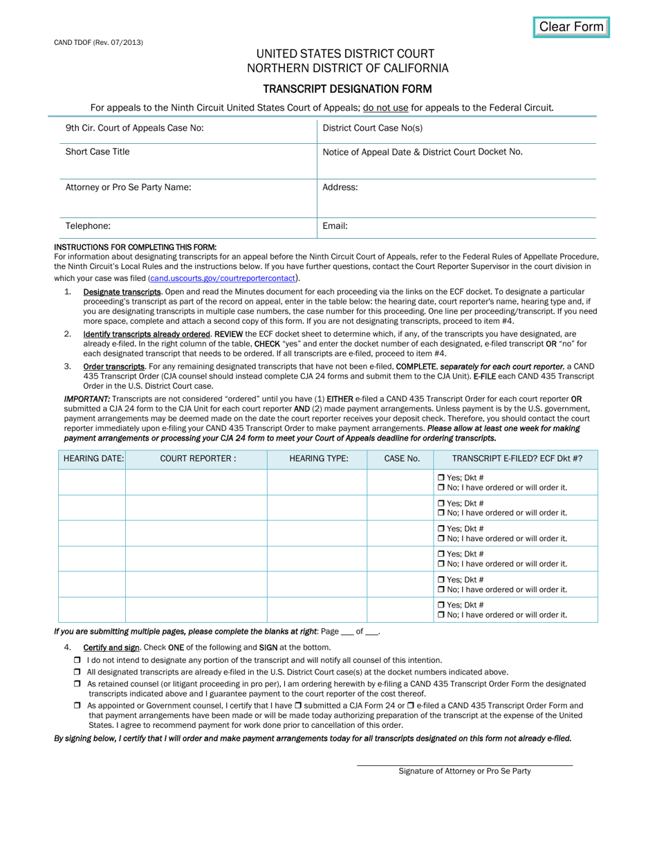 Form CAND TDOF Transcript Designation Form - California, Page 1