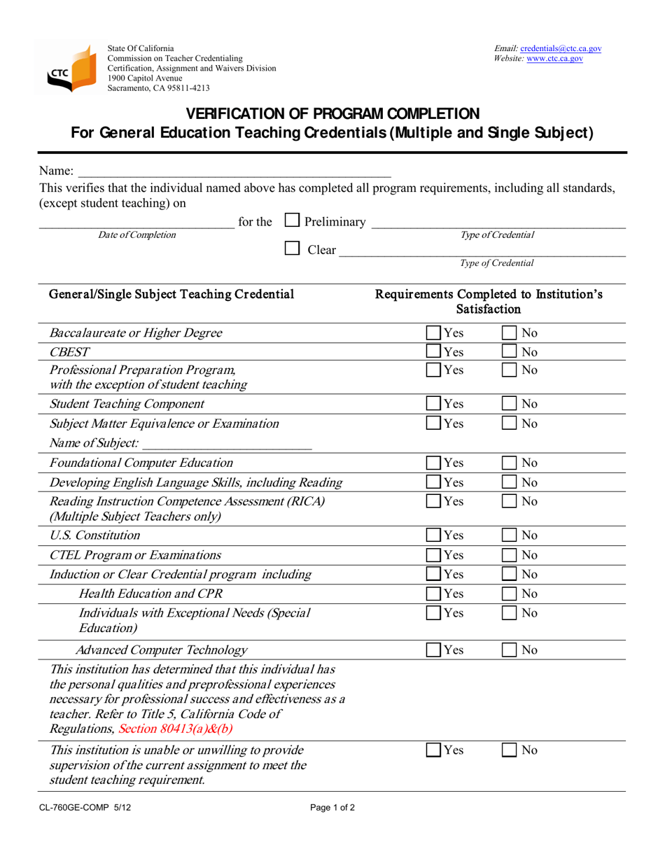 Form CL-760GE-COMP Verification of Program Completion for General Education Teaching Credentials (Multiple and Single Subject) - California, Page 1