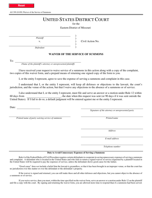 Form AO399 Waiver of the Service of Summons - Missouri