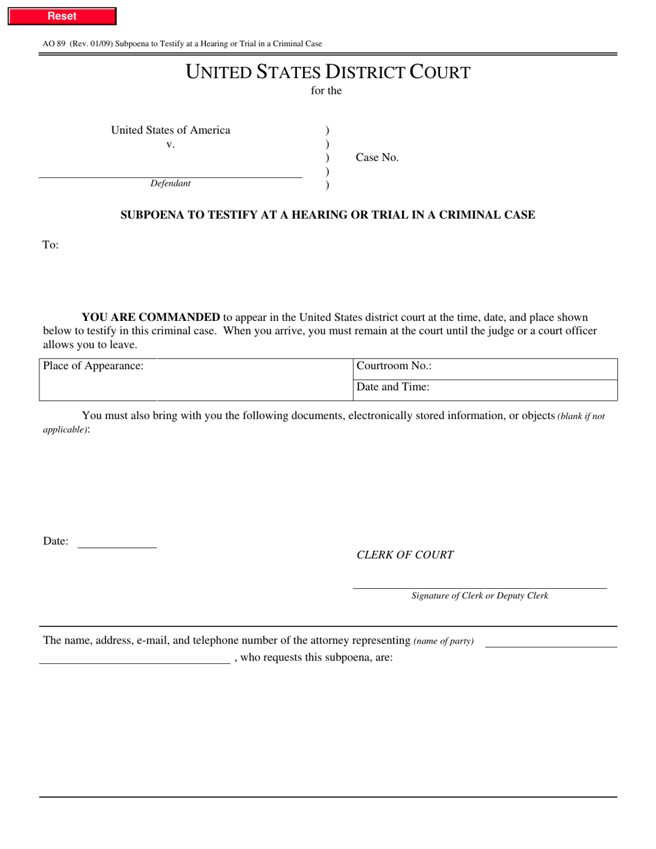 Form AO89 Subpoena to Testify at a Hearing or Trial in a Criminal Case - Missouri, Page 1