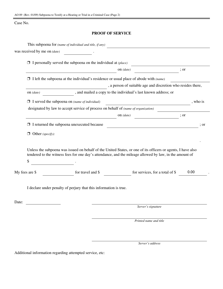 Form AO89 Subpoena to Testify at a Hearing or Trial in a Criminal Case - Missouri, Page 2