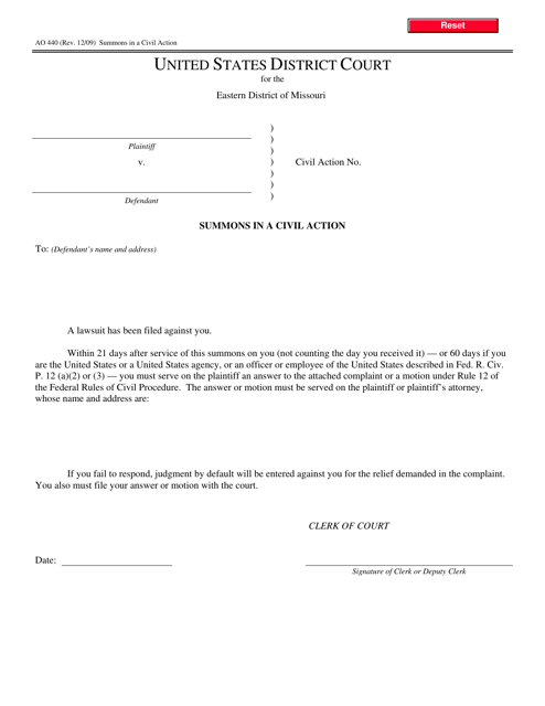 Form AO440 Summons in a Civil Action - Missouri