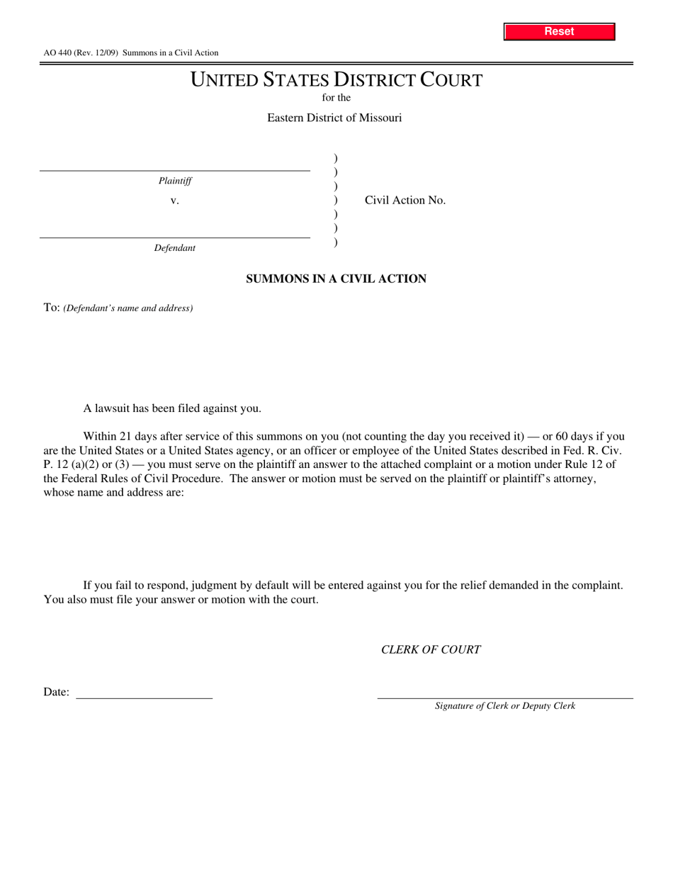 Form AO440 Summons in a Civil Action - Missouri, Page 1