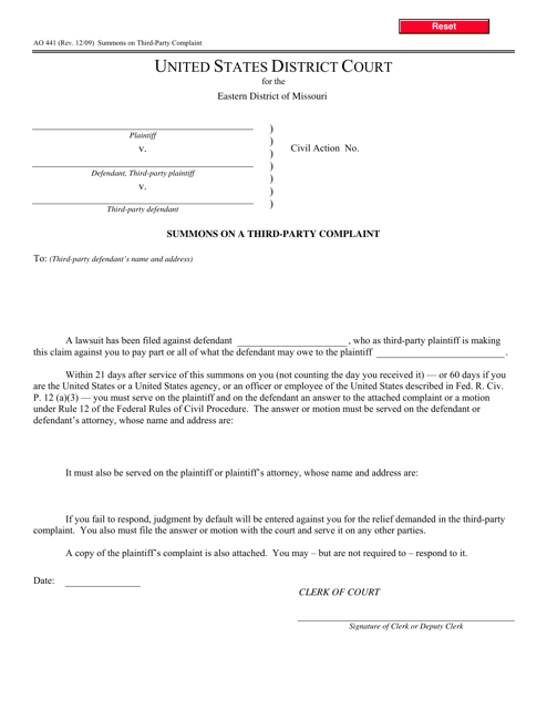 Form AO441 Summons on a Third-Party Complaint - Missouri