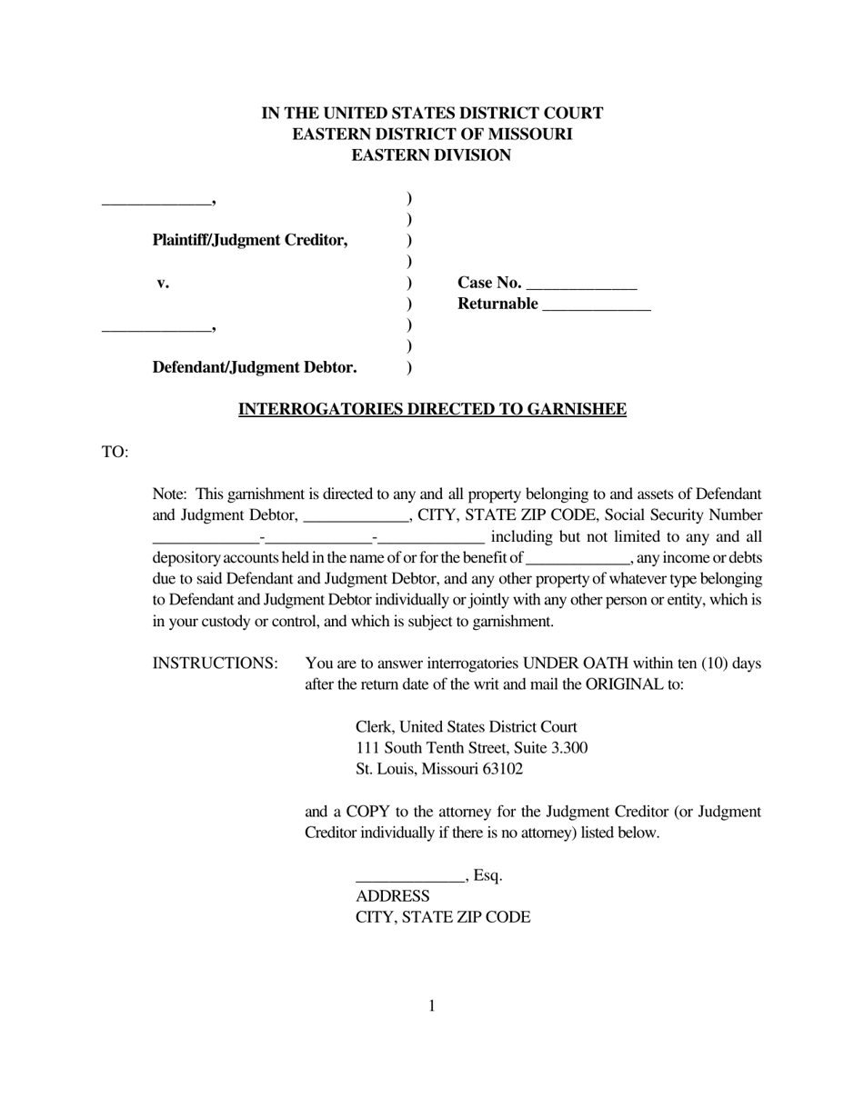 Interrogatories Directed to Garnishee - Missouri, Page 1