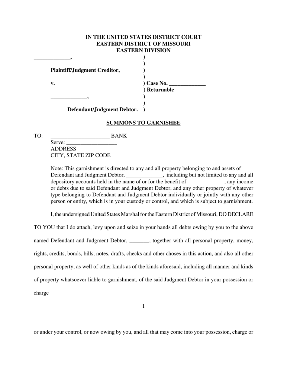 Form MOED-0018 Writ of Execution - Summons of Garnishee - Missouri, Page 1