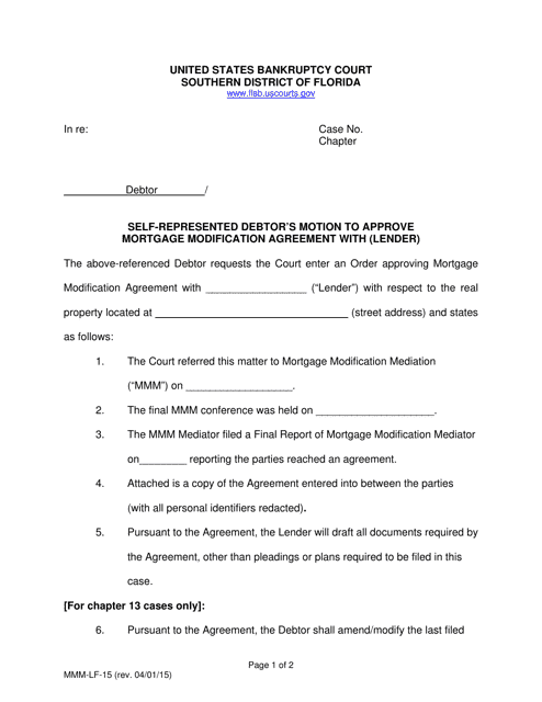 Form MMM-LF-15 Self-represented Debtor's Motion to Approve Mortgage Modification Agreement With (Lender) - Florida