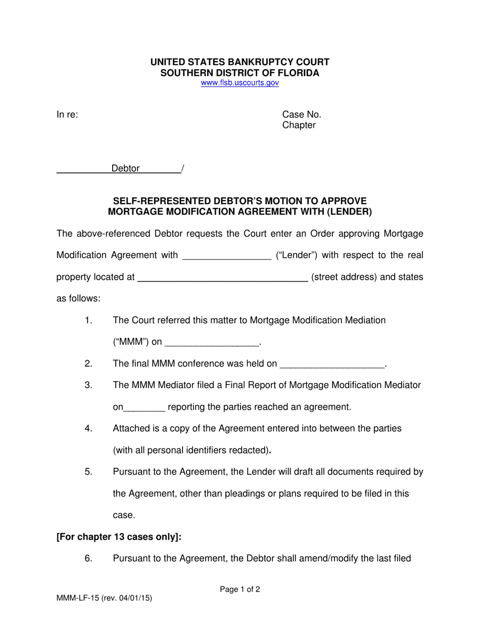 Form MMM-LF-15 Self-represented Debtors Motion to Approve Mortgage Modification Agreement With (Lender) - Florida, Page 1