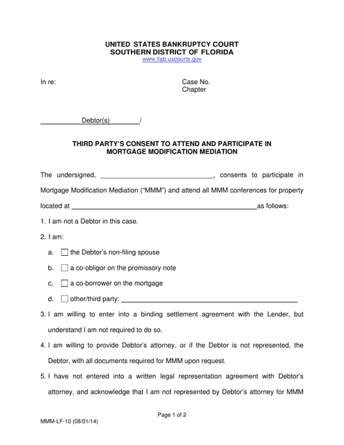 Form MMM-LF-10 Third Party's Consent to Attend and Participate in Mortgage Modification Mediation - Florida