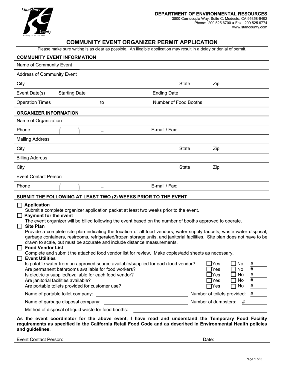 Community Event Organizer Permit Application - Stanislaus County, California, Page 1
