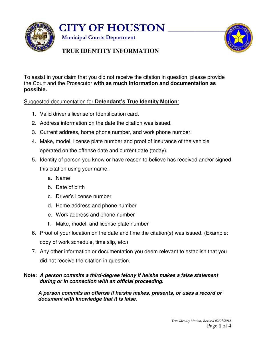 City of Houston, Texas Motion for Hearing on Defendant's True Identity