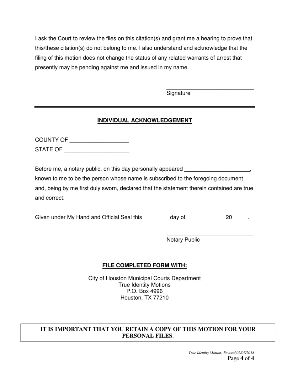 Motion for Hearing on Defendants True Identity - City of Houston, Texas, Page 4