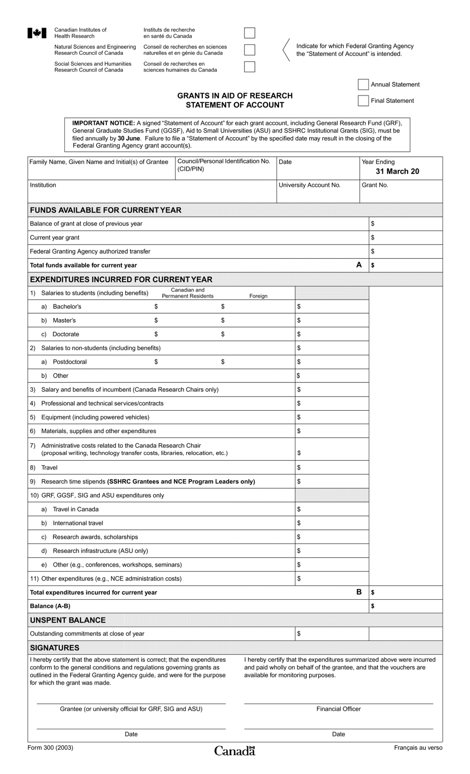 Form 300 Statement of Account - Grants in Aid of Research - Canada, Page 1