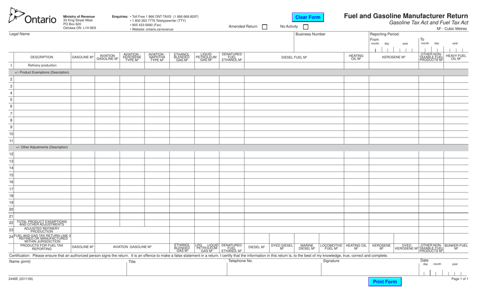 Form 2448E Fuel and Gasoline Manufacturer Return - Ontario, Canada, Page 1