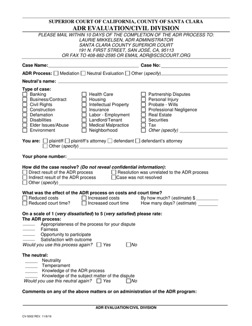 Form CV-5002 Adr Evaluation/Civil Division - County of Santa Clara, California