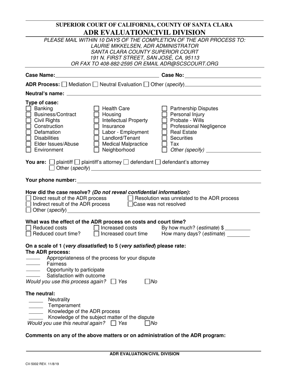 Form CV-5002 Adr Evaluation / Civil Division - County of Santa Clara, California, Page 1