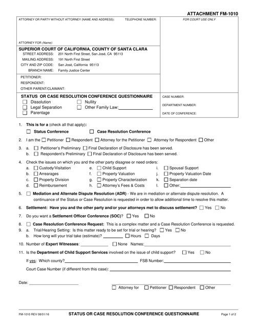 Form FM-1010 Status or Case Resolution Conference Questionnaire - County of Santa Clara, California