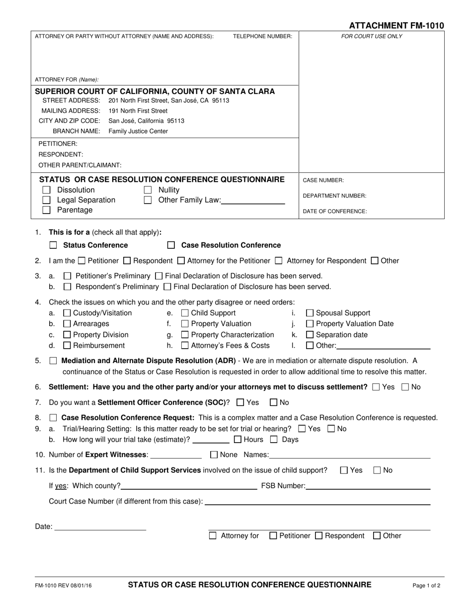 Form FM-1010 Status or Case Resolution Conference Questionnaire - County of Santa Clara, California, Page 1
