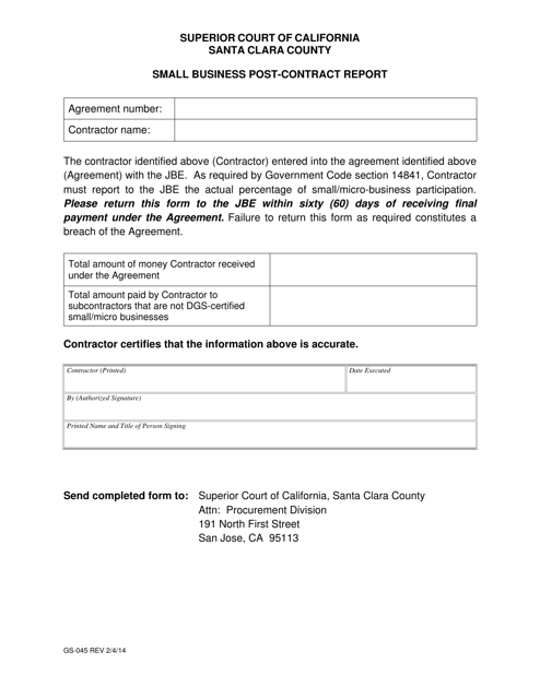 Form GS-045 Small Business Post-contract Report - County of Santa Clara, California