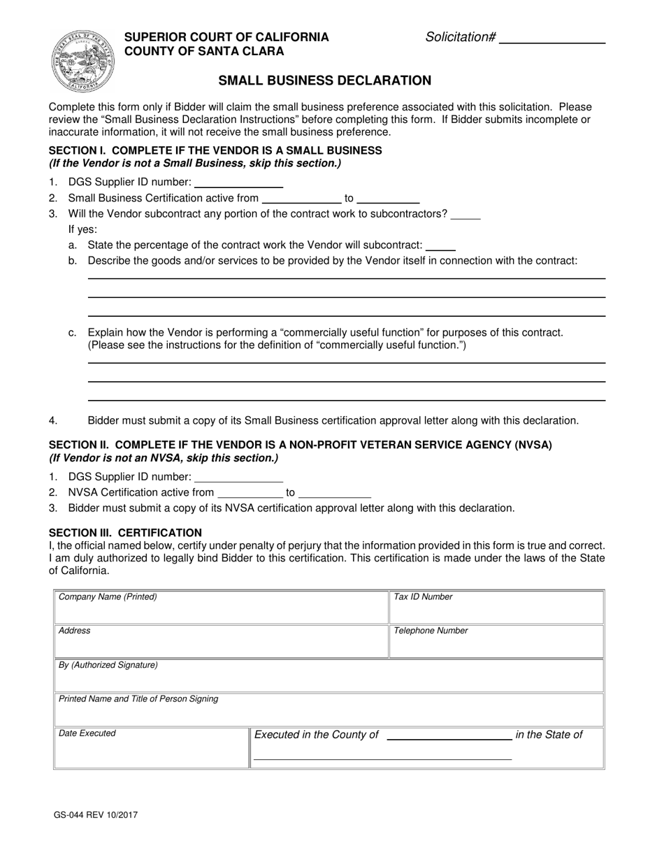 Form GS-044 Small Business Declaration - County of Santa Clara, California, Page 1