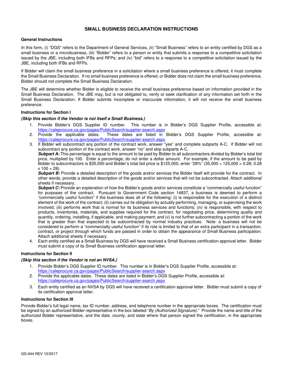 Form GS-044 Small Business Declaration - County of Santa Clara, California, Page 2