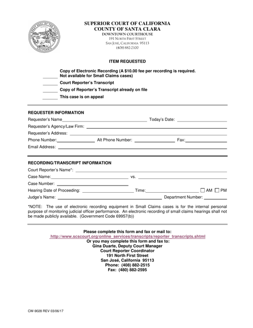Form CW-9028 Transcript and Electronic Recording Request Form - County of Santa Clara, California