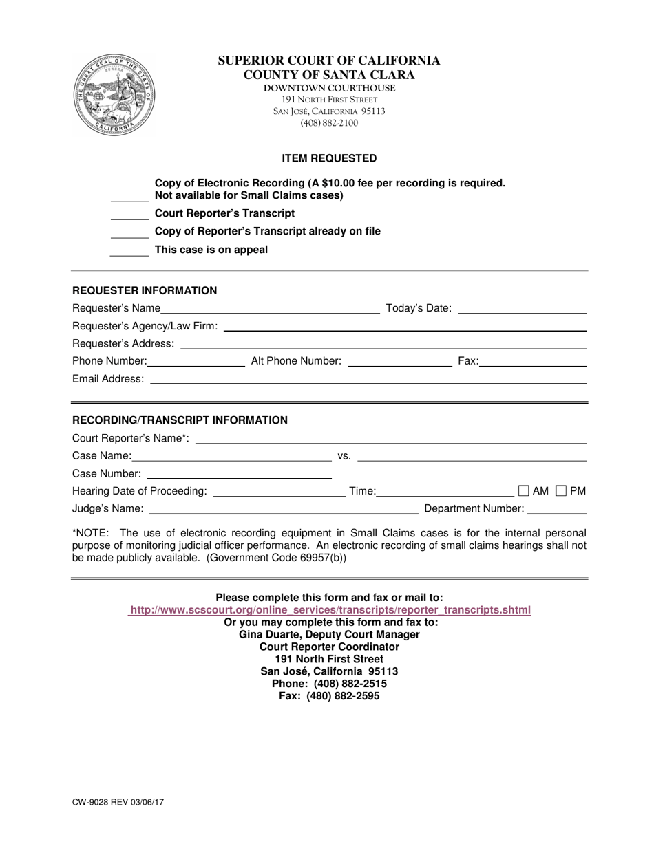 Form CW-9028 Transcript and Electronic Recording Request Form - County of Santa Clara, California, Page 1