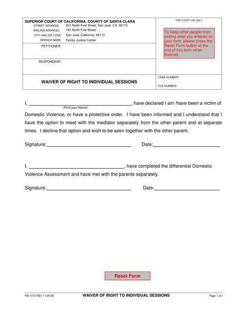 Form FM-1072 Waiver of Right to Individual Sessions - Santa Clara County, California