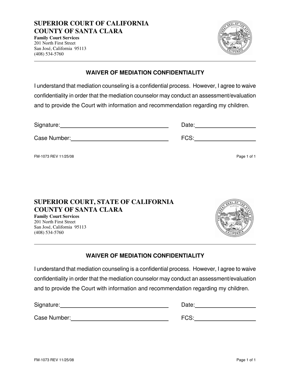 Form FM-1073 Waiver of Mediation Confidentiality - County of Santa Clara, California, Page 1