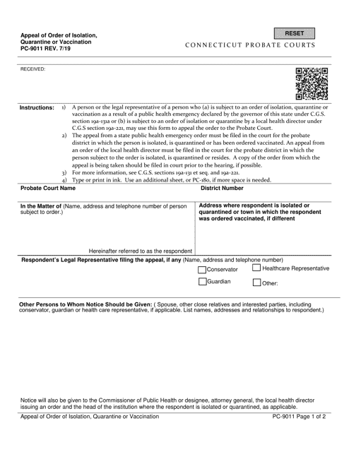 Form PC-9011 Appeal of Order of Isolation, Quarantine or Vaccination - Connecticut