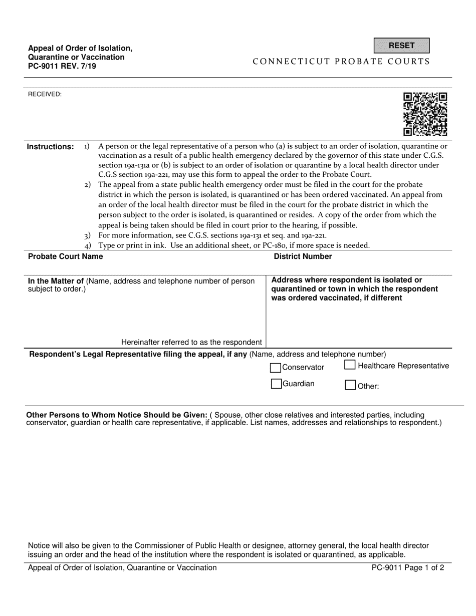 Form PC-9011 Appeal of Order of Isolation, Quarantine or Vaccination - Connecticut, Page 1